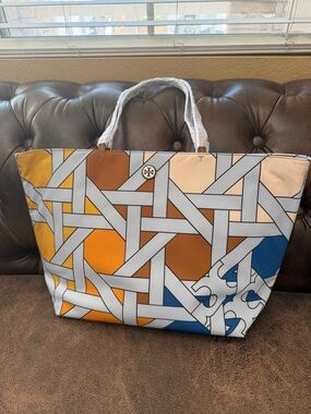 Tory Burch Multicolor Woven-Print Nylon Large Tote with Gold Logo
